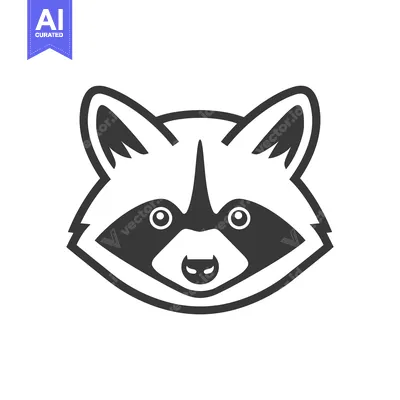 A black and white illustration of a raccoon's face