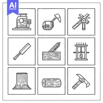 Hand-Drawn Woodworking and Forestry Icons in a Minimalist Grid