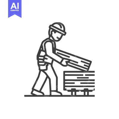 Construction Worker in Hard Hat Stacking Lumber, Minimalist Line Art I