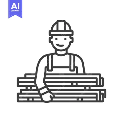 Smiling Builder with Hard Hat Carrying Lumber, Minimalist Line Icon