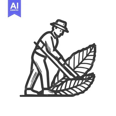Aset premium populer: Stylized Farmer Harvesting Tobacco Leaves, Bold Monochrome Line Art Ic