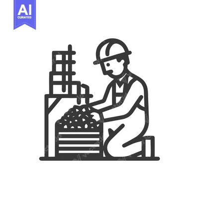 Kneeling Construction Worker Sorting Rubble, Minimalist Line Art Vecto