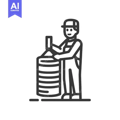 Monochrome line icon of a smiling worker operating a stacked industria