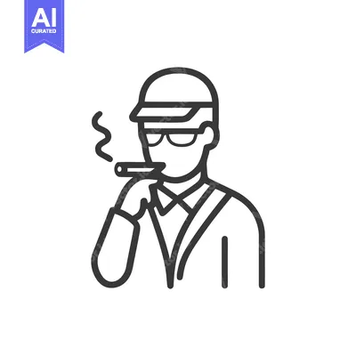 Monochrome vector icon of a man in a cap and sunglasses smoking a larg