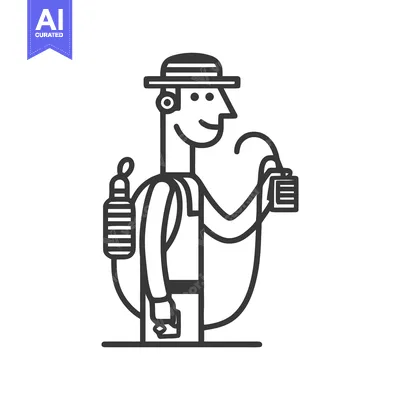 Aset desain premium: Minimalist line art of a smiling adventurer in a hat with a hydration