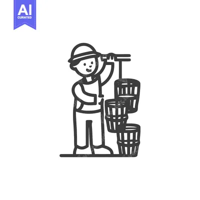 Cheerful Farmer with Stacked Harvest Baskets, Simple Line Art Icon