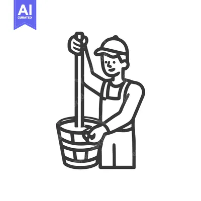 Cheerful Farmer Churning Butter in a Wooden Barrel, Minimalist Line Ar