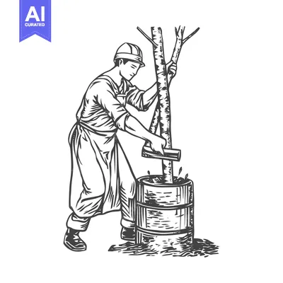 Industrious Worker in Retro Engraving Style Treating a Birch Sapling