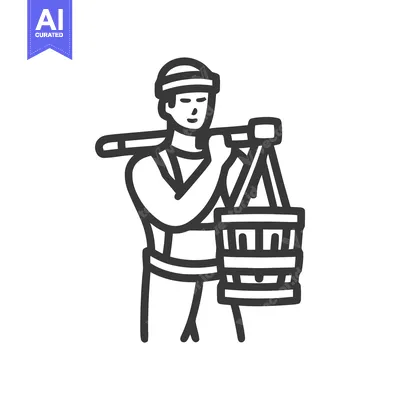 Bold Monoline Icon of a Traditional Worker Carrying a Bucket on a Shou