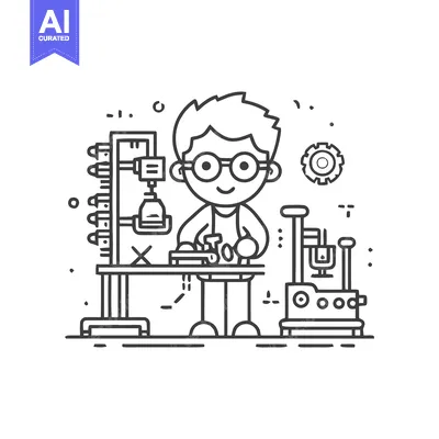 Aset premium populer: Young Inventor Character Working at a High-Tech Workbench, Minimalist