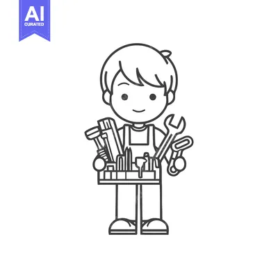 Friendly Cartoon Handyman Character with Toolbox, Minimalist Line Art
