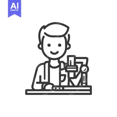 Aset desain premium: Smiling Young Technician Operating Precision Machinery - Minimalist Li