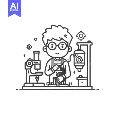 Charming Line Art of a Young Scientist with Glasses in a Cartoon Labor