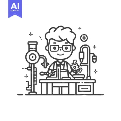 Whimsical Line Art of a Young Inventor at His Gadget-Filled Workbench