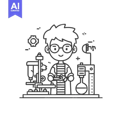 Aset desain premium: Young Inventor with Glasses Tinkering in a Minimalist Line Art Lab
