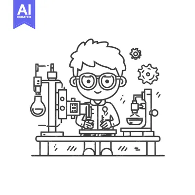 Aset desain premium: Young Inventor at His Workbench: A Minimalist Line Art Doodle of Scien