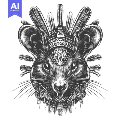 A  Black and White Illustration of a Rat Wearing a Feathered Headdress