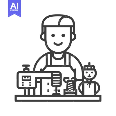 Cheerful Tailor at a Sewing Workbench, Minimalist Line Art Icon