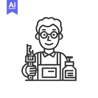 Modern line icon of a smiling technician holding a precision caliper a