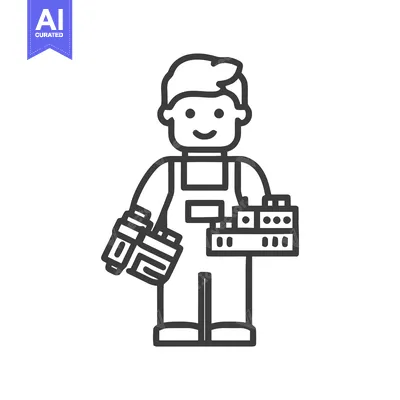 Cheerful Craftsman in Overalls with Toolbox and Drill, Minimalist Line