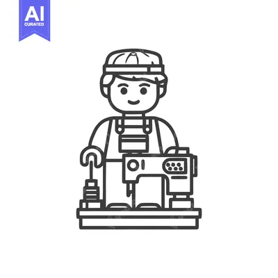 Aset premium populer: Happy Craftsman Toy Figure Operating a Sewing Machine Line Art