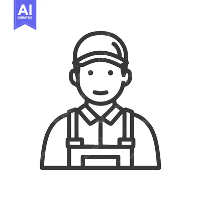 Minimalist Line Art Icon of a Friendly Worker in Overalls and Cap
