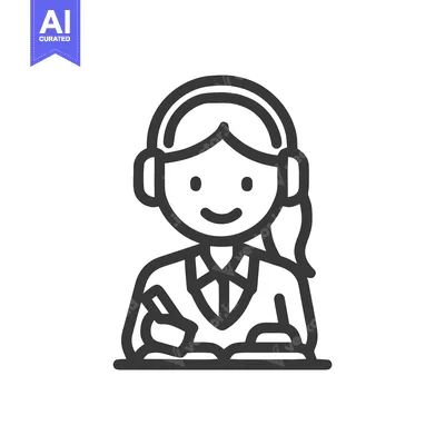 Friendly Female Student with Headphones Taking Notes, Line Art Icon