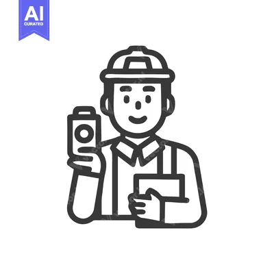 Smiling Engineer in Hard Hat Holding a Device, Monochrome Line Art Ico