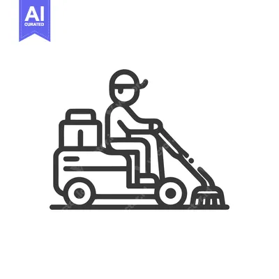Janitor on Ride-On Floor Scrubber, Minimalist Line Art Icon for Cleani