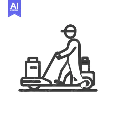 Aset desain premium: Bold Line Art Icon of a Porter Pushing a Luggage Trolley with Suitcase