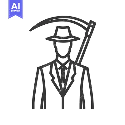 Aset desain premium: Modern Grim Reaper Icon: A Faceless Figure in a Suit Holding a Scythe
