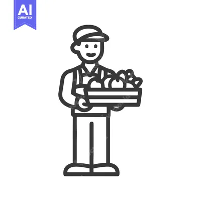 Cheerful Farmer with a Crate of Freshly Harvested Apples Line Art Icon