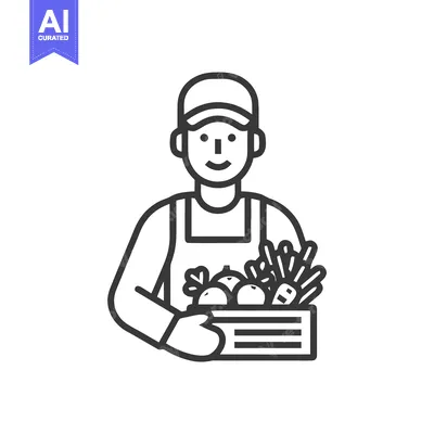 Popular premium asset: Friendly Farmer with a Crate of Fresh Harvest Vegetables, Line Art Ico