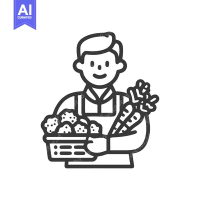 Aset desain premium: Happy Farmer Holding Fresh Carrots and a Basket of Produce, Minimalist