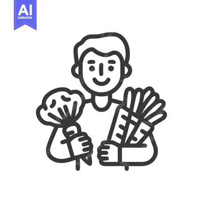 Friendly Character with Fresh Carrots and Broccoli, Minimalist Outline