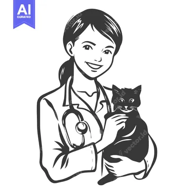 Smiling Veterinarian with Stethoscope Cradling a Black Cat, Monochrome