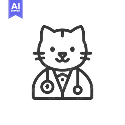 Charming Cat Veterinarian with Stethoscope, Minimalist Line Art Icon f
