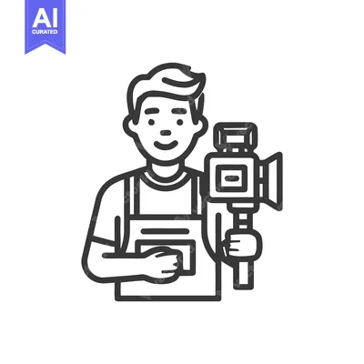 Smiling Videographer with Camcorder, Minimalist Line Art Character Ico