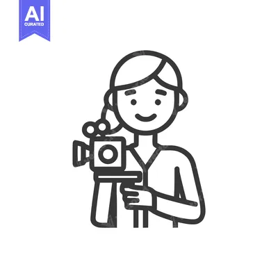 Friendly Female Filmmaker with Movie Camera Line Art Icon