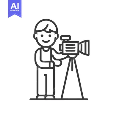 Friendly Videographer with Professional Camera on Tripod Line Art
