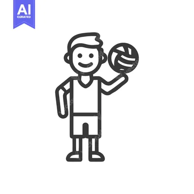 Minimalist line art icon of a happy boy holding a volleyball.