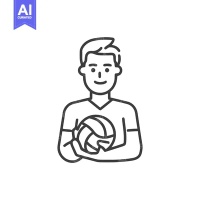 Smiling Young Man Holding a Volleyball, Minimalist Line Art Icon