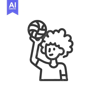 Minimalist line icon of a curly-haired person holding a volleyball, re