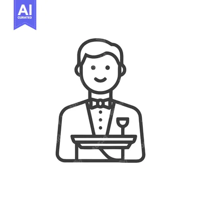 Minimalist Line Icon of a Friendly Waiter Holding a Serving Tray with