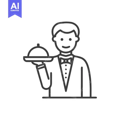 Aset premium populer: Smiling Waiter in Bow Tie Serving with Cloche, Clean Line Art Icon
