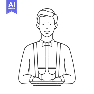 Elegant Waiter with Bow Tie and Tray, a Minimalist Line Art Illustrati