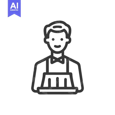Friendly Waiter with Bow Tie Holding a Tray, Minimalist Line Icon for