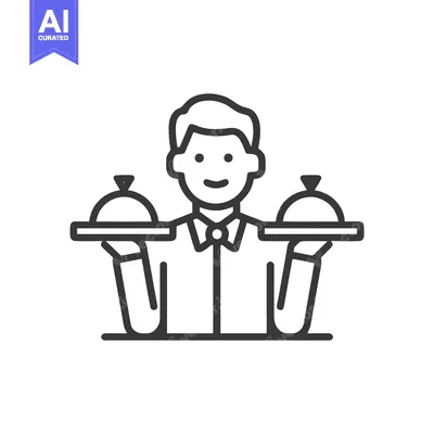 Aset desain premium: Friendly Waiter with Two Covered Platters, Symmetrical Line Art Icon