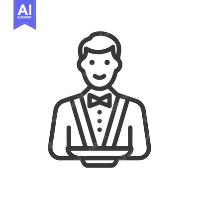 Friendly Waiter with Bow Tie, a Minimalist Line Art Icon for Restauran