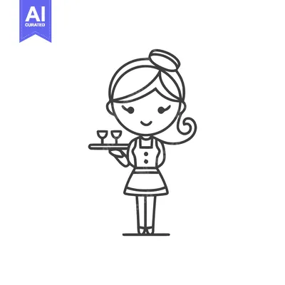Charming Waitress Line Art Icon with Serving Tray and Drinks